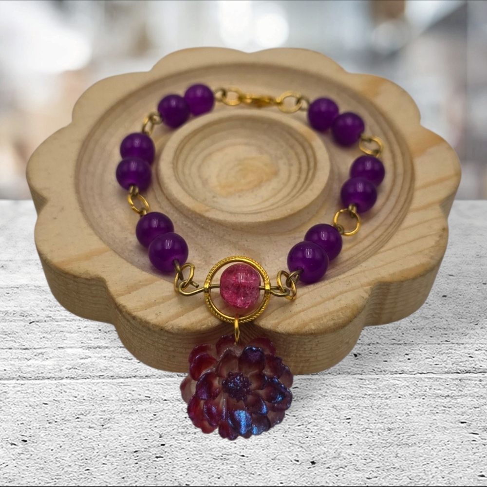Handmade Purple and Gold Beaded Bracelet with Floral Charm